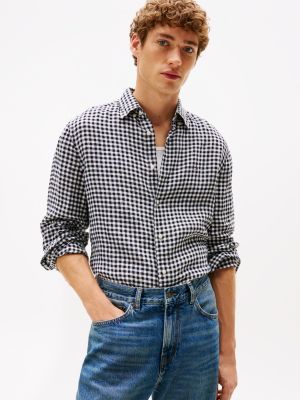 Regular Fit Gingham Linen Shirt, Black Check