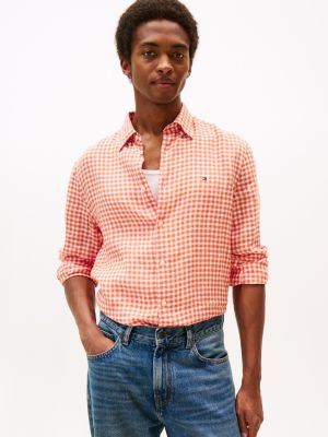 Regular Fit Gingham Linen Shirt, Brilliant Orange Check