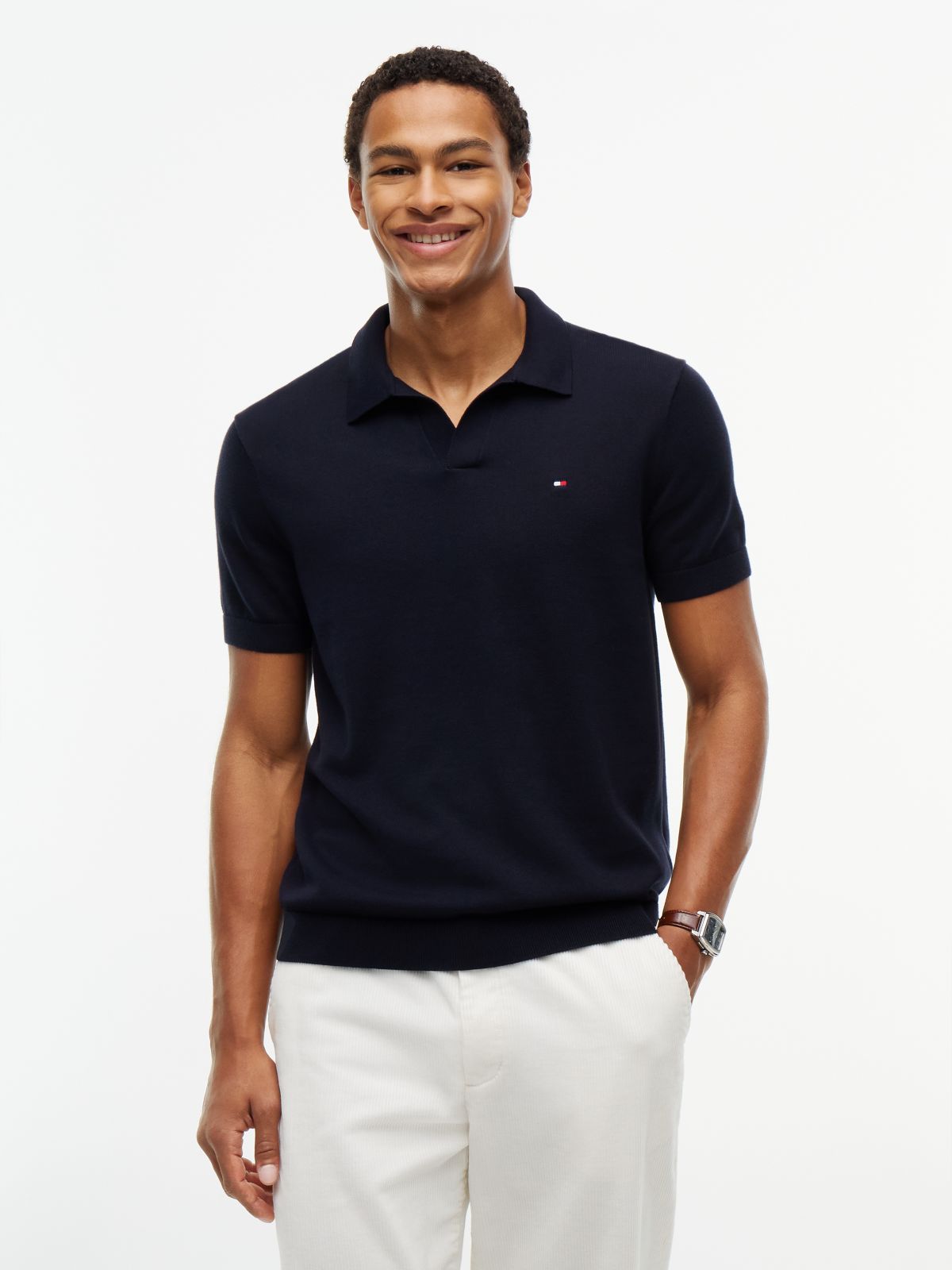 Classic Short-Sleeve Sweater Polo — Navy Blue