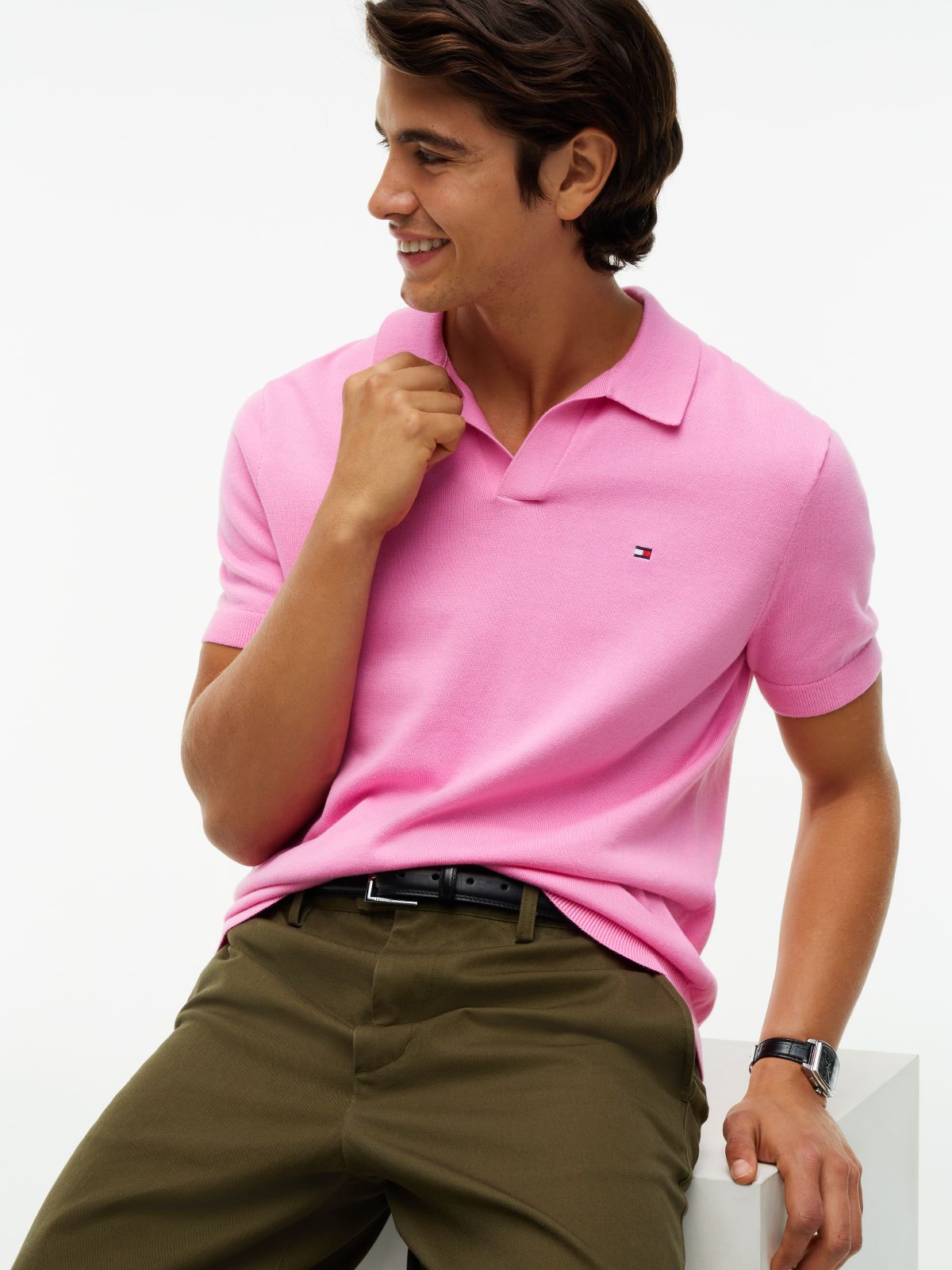 Classic Short-Sleeve Sweater Polo — Blush