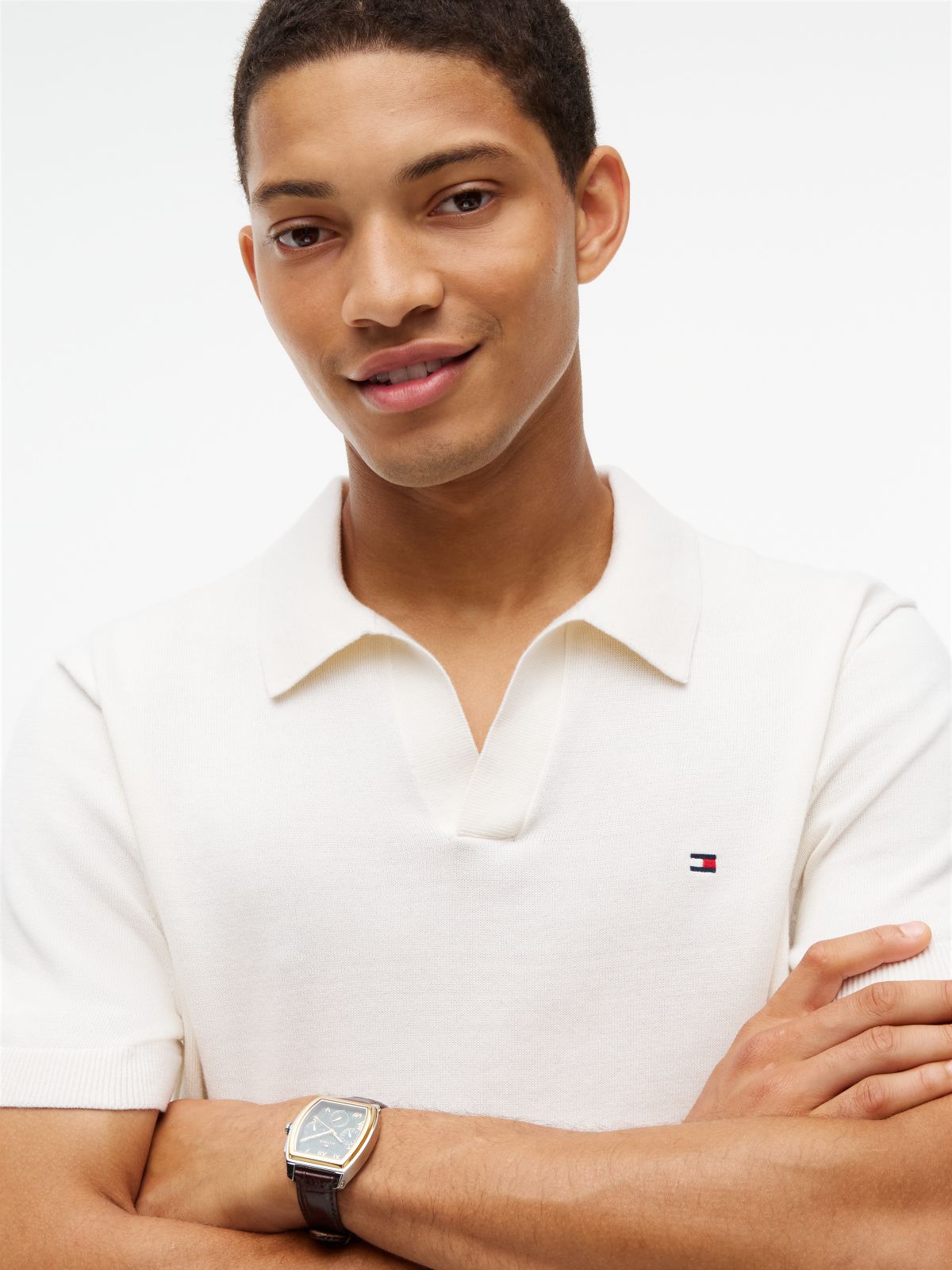 Classic Short-Sleeve Sweater Polo — Ivory Petal