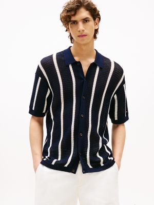 Short-Sleeve Stripe Open-Knit Overshirt, Ivory Petal/Navy Stripe