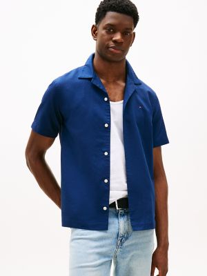 Regular Fit Linen-Blend Camp Shirt, Carbon Navy