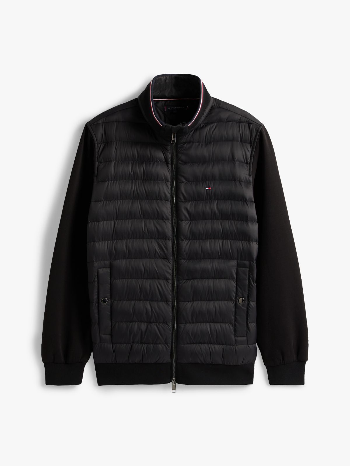 Mixed Media Zip Sweatshirt Puffer — Black