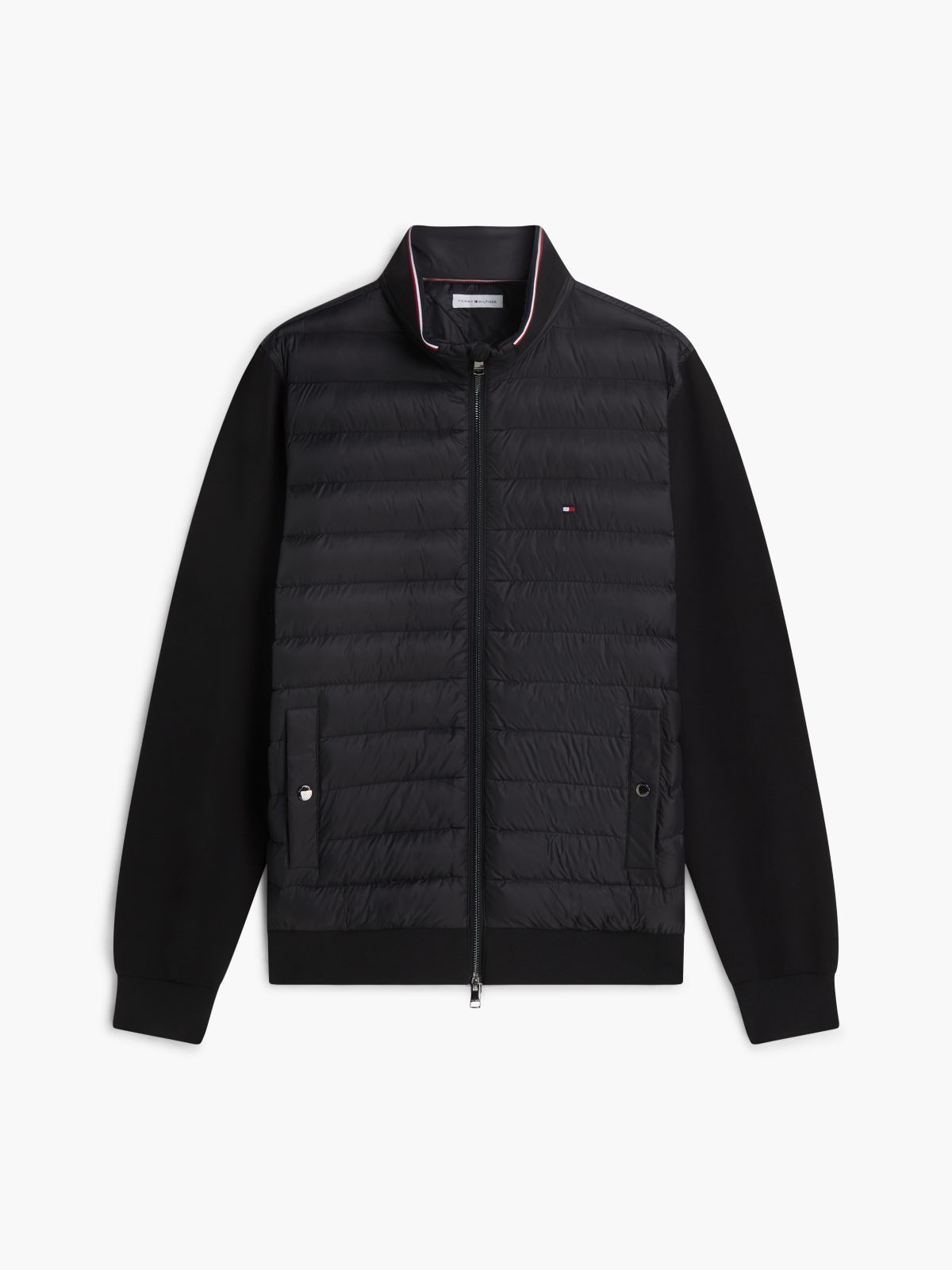 Mixed Media Zip Sweatshirt Puffer — Black