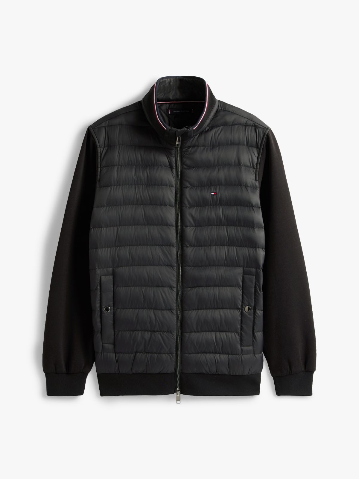 Mixed Media Zip Sweatshirt Puffer — Black
