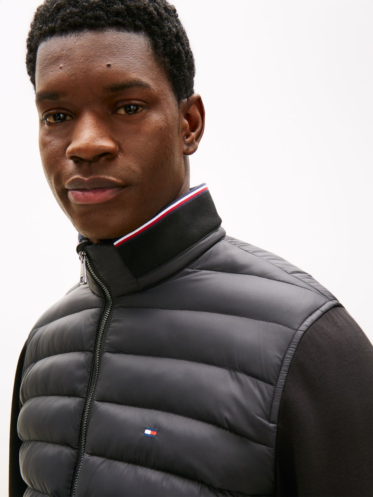 Mixed Media Zip Sweatshirt Puffer — Black