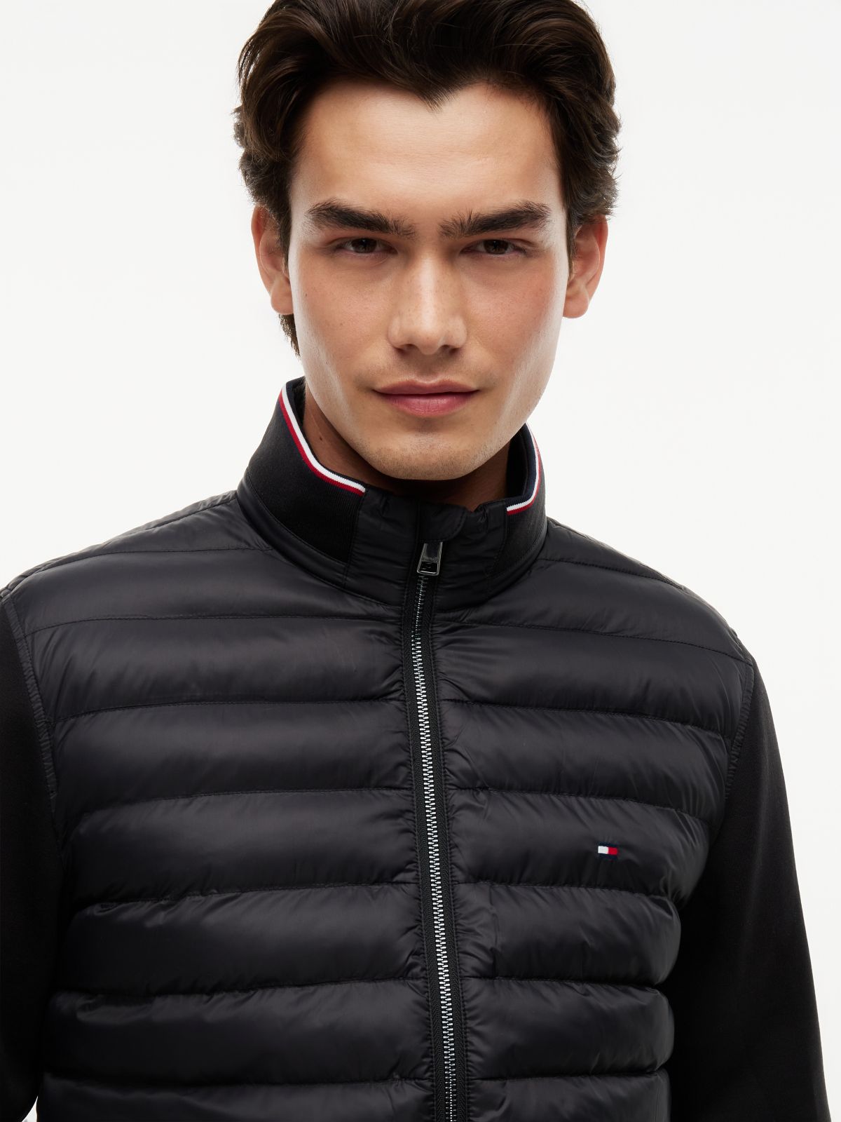 Mixed Media Zip Sweatshirt Puffer — Black