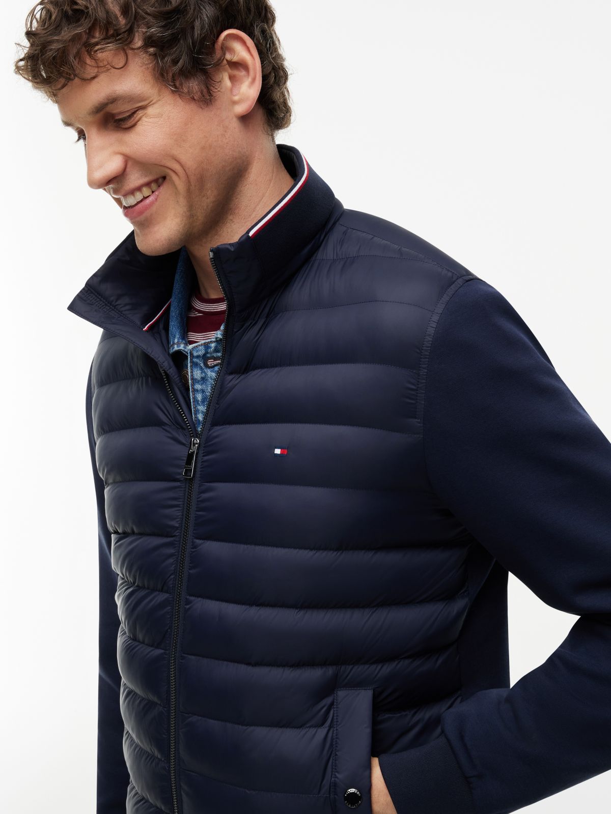 Mixed Media Zip Sweatshirt Puffer — Navy