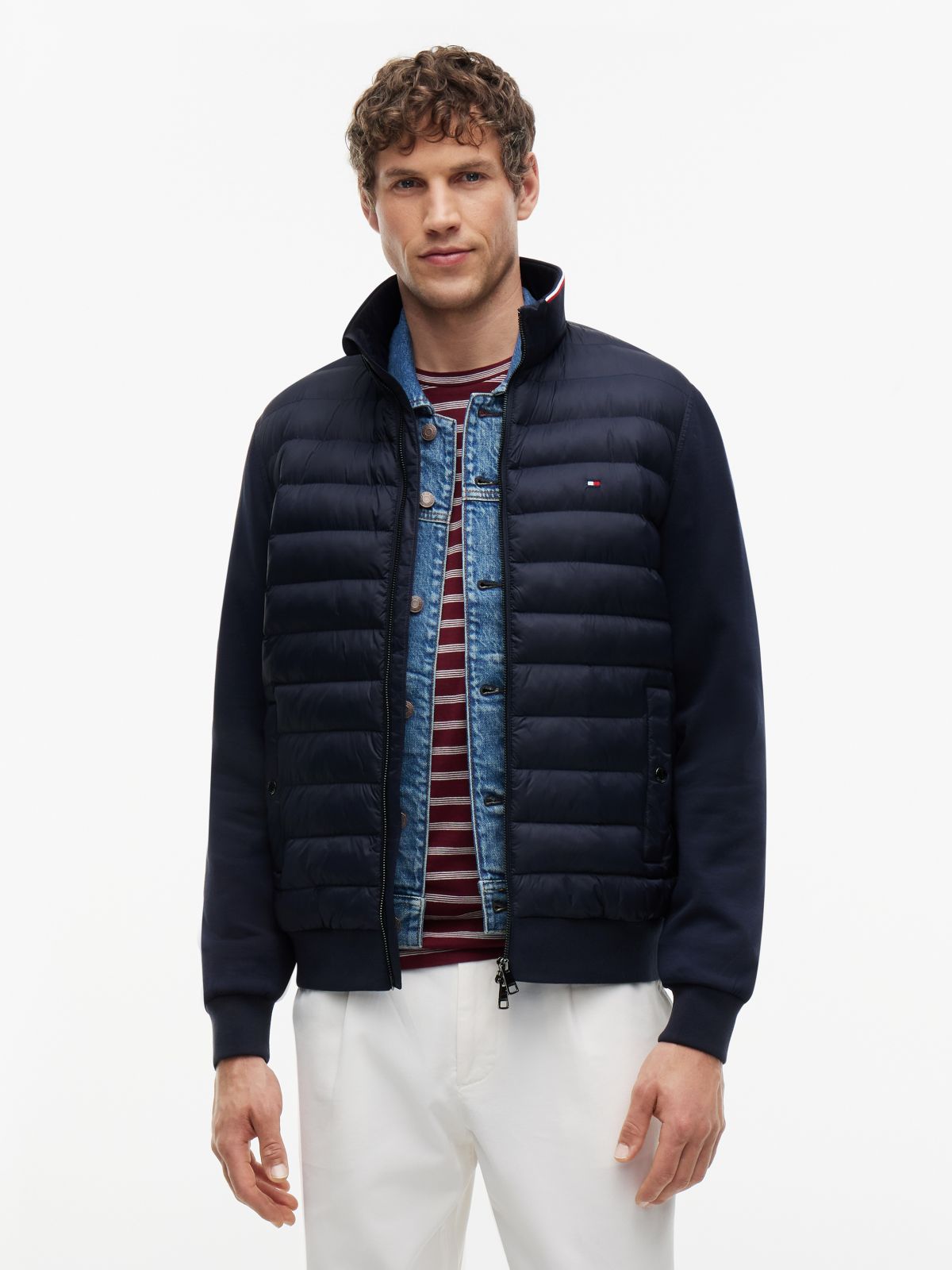 Mixed Media Zip Sweatshirt Puffer — Navy