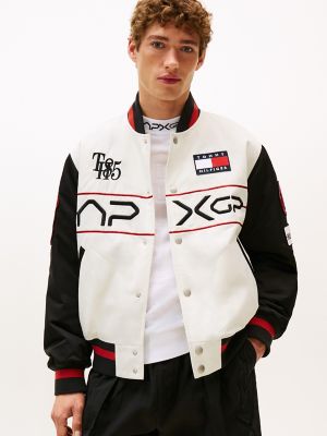 Blouson universitaire en satin de la collection APXGP, blanc + noir/rouge