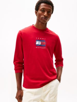 Long-Sleeve 1985 Flag Graphic T-Shirt, Medium Red