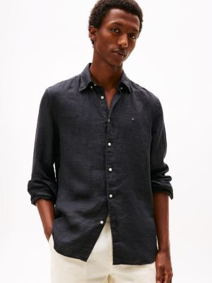 Regular Fit Pigment-Dyed Linen Shirt, Black