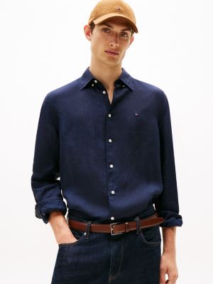 Regular Fit Pigment-Dyed Linen Shirt, Navy