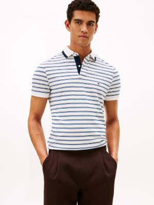 Regular Fit Logo Collar Pique Polo, Ecru/Navy Stripe