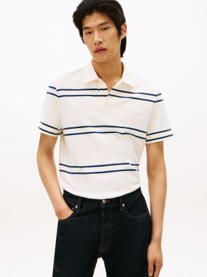 Regular Fit Embroidered Logo Terry Polo, Ivory Petal/Pitch Blue Stripe