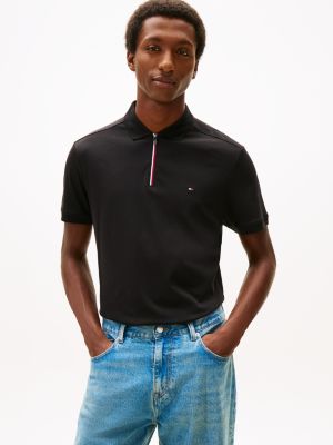 Regular Fit Smooth Cotton Zip Polo, Black