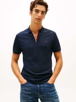 Regular Fit Smooth Cotton Zip Polo, Navy
