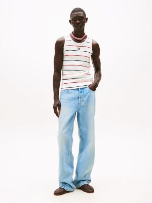 Cotton-Silk Blend Sweater Tank, Ecru/Red/Blue Stripe