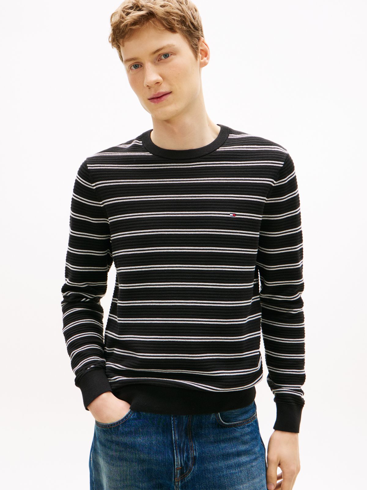 Textured Crewneck Sweater — Black Stripe