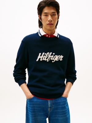 Intarsia Hilfiger Script Logo Sweater, Dark Navy