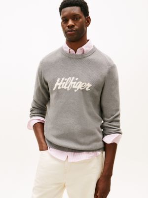 Intarsia Hilfiger Script Logo Sweater, Medium Grey Heather