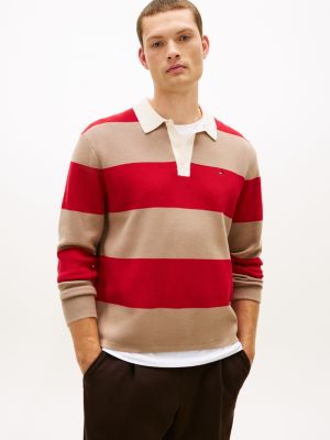 Punto Milano Knit Rugby Sweater Polo, Coastal Taupe/Medium Red Stripe