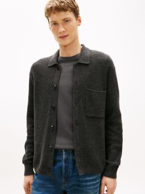 Fisherman Knit Pocket Cardigan, Dark Grey Heather