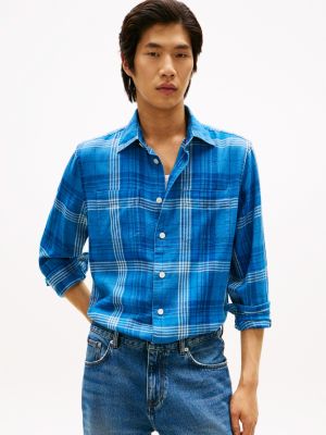 Relaxed Fit Plaid Slub Cotton Shirt, Light Blue Indigo Check