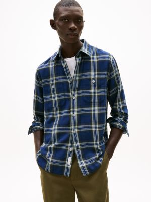 Relaxed Fit Plaid Slub Cotton Shirt, Pitch Blue Check