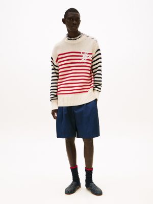 Embroidered Logo Breton Stripe Sweater, Ecru/Red&Black Stripe