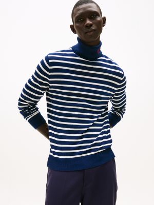Cotton-Silk Blend Turtleneck, Carbon Navy/Ecru