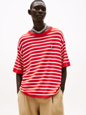 Cotton-Silk Blend Ringer T-Shirt Sweater, Fire Red/Ecru Stripe
