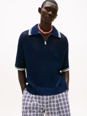Open-Weave Mesh Zip Polo Sweater