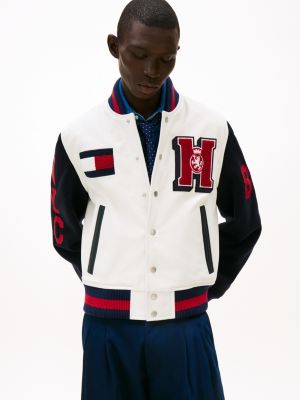 Leather & Wool Varsity Jacket, Ivory Petal