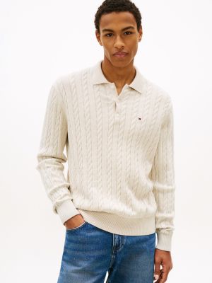 Cable Knit Sweater Polo, Heathered Oatmilk