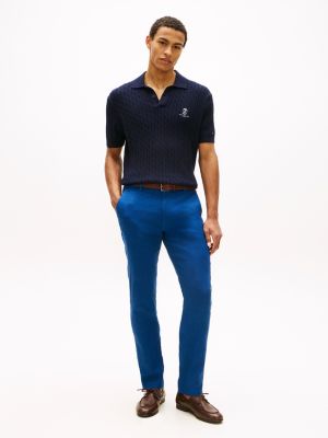 Linen-Blend Straight Chino, Blue