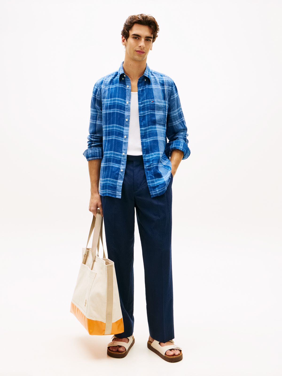 Regular Fit Madras Check Linen Shirt — Brisk Blue Check