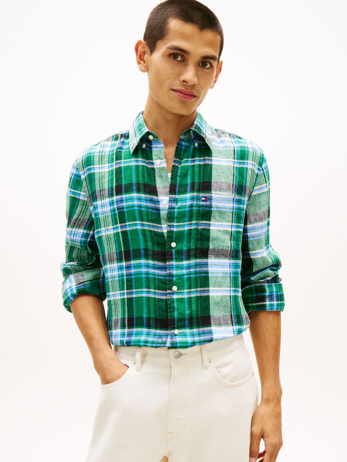 Regular Fit Madras Check Linen Shirt — Nouveau Green Check