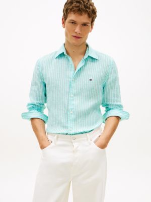 Regular Fit Stripe Linen Shirt, Arctic Aqua/White Stripe