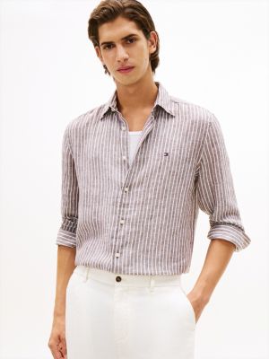 Regular Fit Stripe Linen Shirt, Legacy Brown/White Stripe
