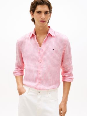Regular Fit Stripe Linen Shirt, Classic Pink/White Stripe