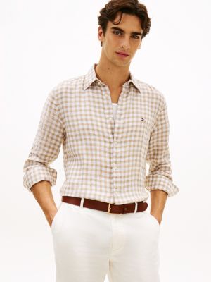 Regular Fit Gingham Linen Shirt, Sandalwood/White Check