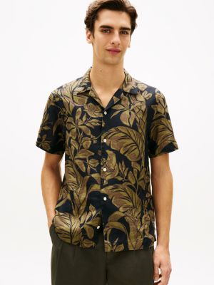 Tropical Print Linen Camp Shirt, Navy