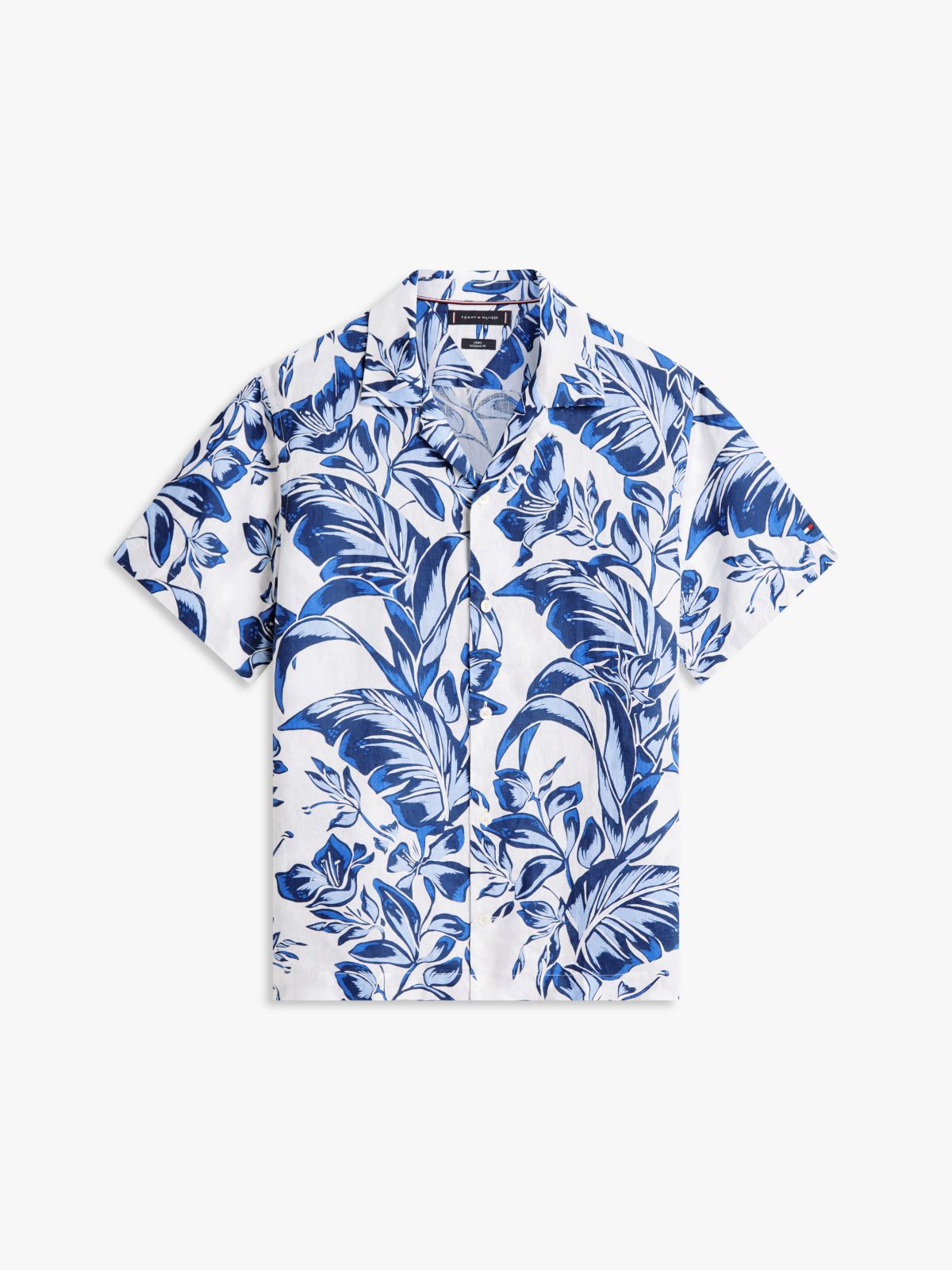 Tropical Print Linen Camp Shirt — White/Blue Print