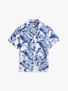 Tropical Print Linen Camp Shirt — White/Blue Print 5