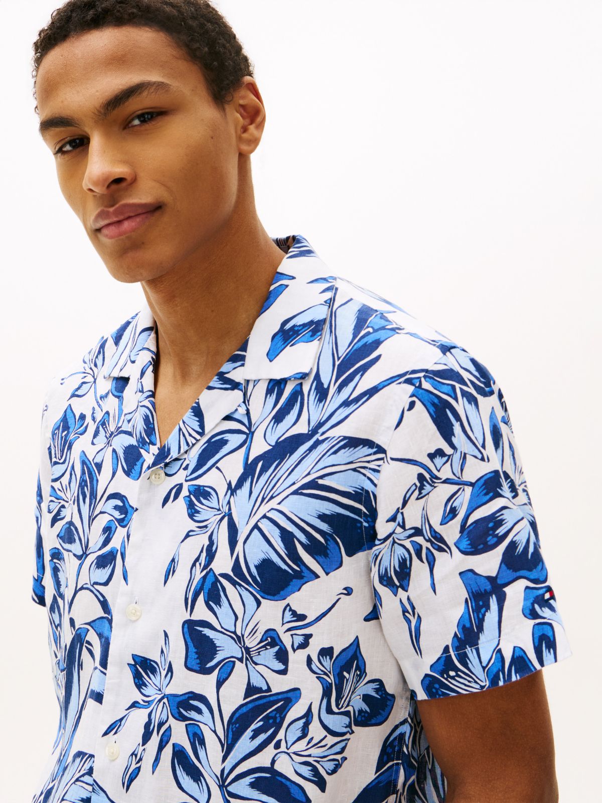 Tropical Print Linen Camp Shirt — White/Blue Print