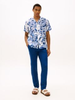 Tropical Print Linen Camp Shirt — White/Blue Print 3