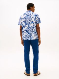 Tropical Print Linen Camp Shirt — White/Blue Print 4