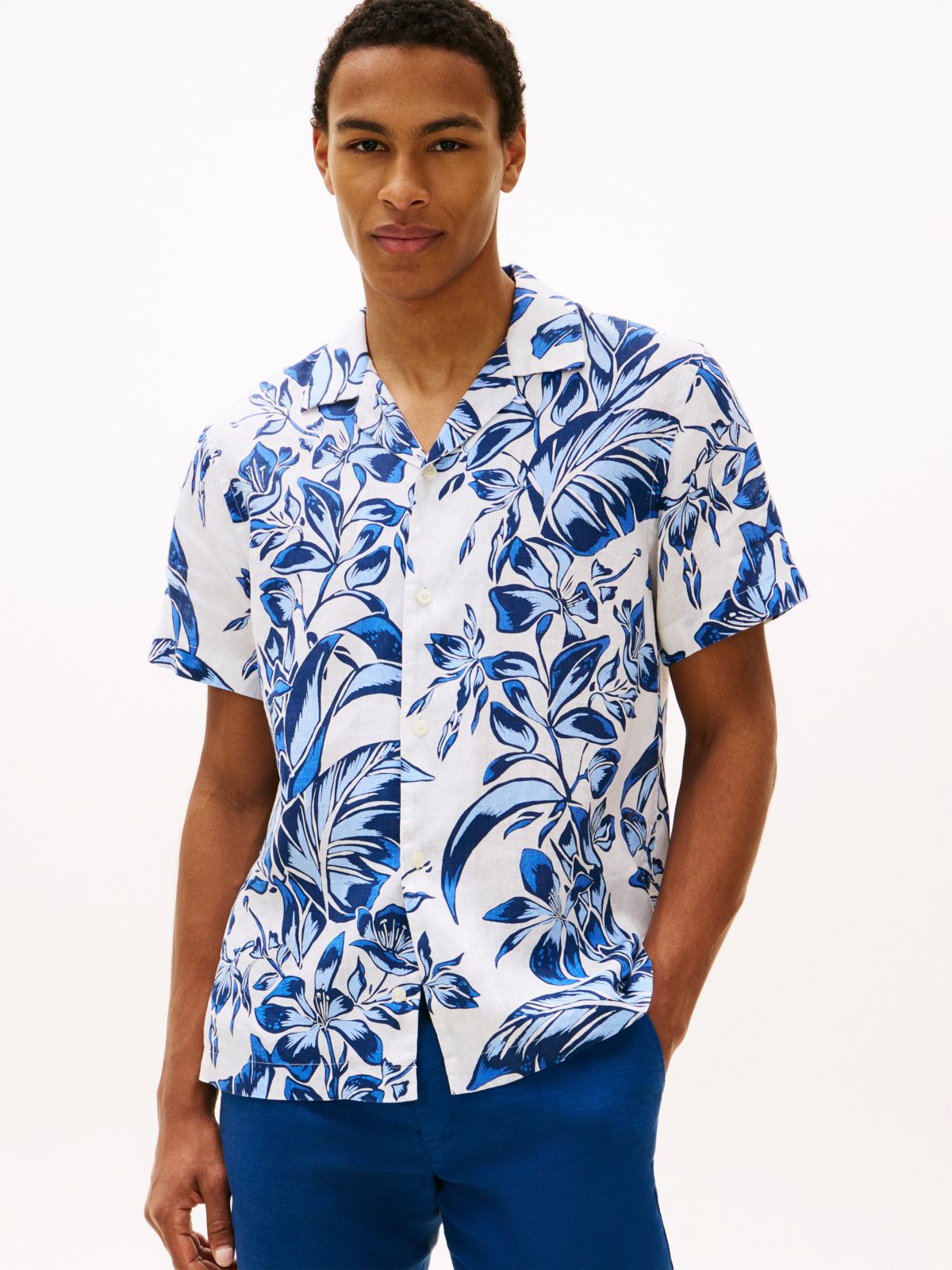 Tropical Print Linen Camp Shirt — White/Blue Print